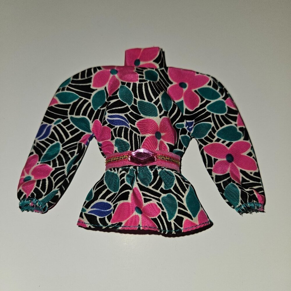 VTG Barbie Doll Shirt Private Collection Fashion Pink Teal Black Floral Belted